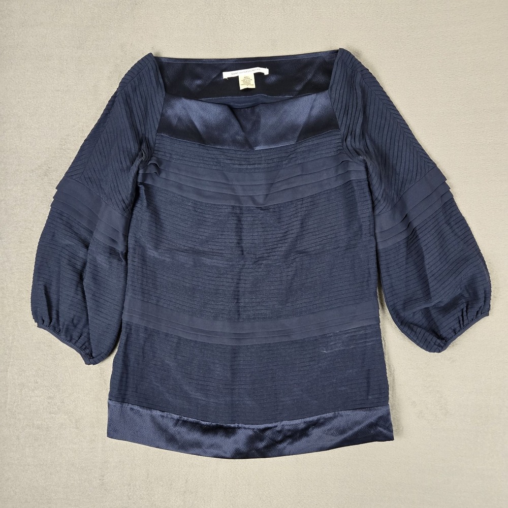 Diane von Furstenberg Top Womens 4 Silk Peasant Blouse Navy Balloon Sleeves